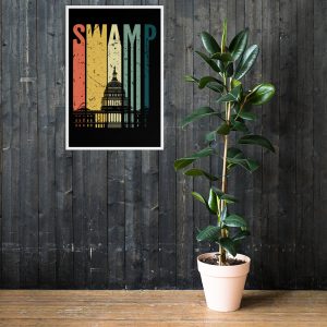 Drain the Swamp (Congress) Retro FRAMED Poster | Original wall art representing a famous theme of the Donald Trump Presidential campaigns and Presidency, "Drain the Swamp. Retro style with the Congressional Building in the background.